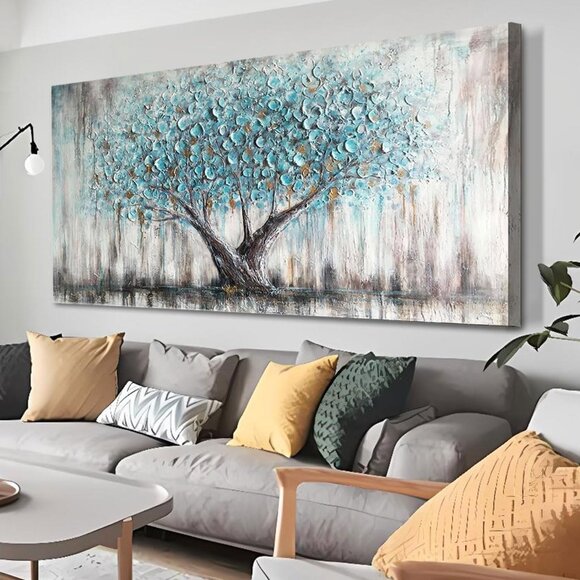 Tree Wall Art Teal Blue Nature Tree of Life Abstract Canvas Painting Textured Pi